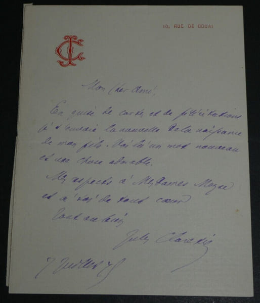 Jules CLARETIE, Romancier - LETTRE AUTOGRAPHE SIGN&Eacute;E NAISSANCE DE SON FILS. Jules CLARETIE