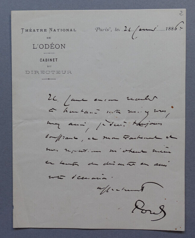 Paul POREL, Acteur et directeur de th&eacute;&acirc;tre - LETTRE AUTOGRAPHE SIGN&Eacute;E, 1886. Paul POREL