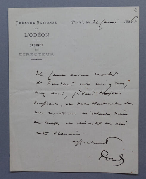 Paul POREL, Acteur et directeur de th&eacute;&acirc;tre - LETTRE AUTOGRAPHE SIGN&Eacute;E, 1886. Paul POREL