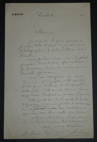 Hyacinthe CORNE, Homme politique - LETTRE AUTOGRAPHE SIGN&Eacute;E, Versailles, 1877. Hyacinthe CORNE