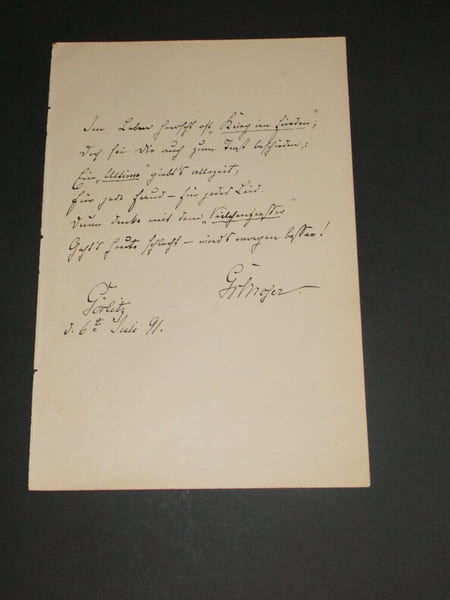 Gustav von Moser - Po&egrave;me autographe sign&eacute; : 6 vers dont 3 titres de ces pi&egrave;ces - 1891. Gustav von Moser