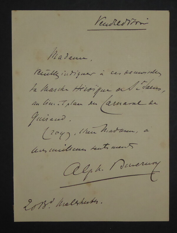 DUVERNOY Alphonse - LETTRE AUTOGRAPHE SIGNEE. Alphonse Duvernoy