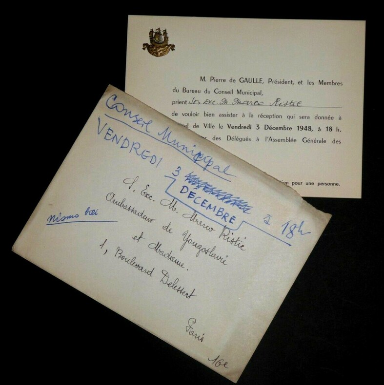 DE GAULLE Pierre - CARTON D'INVITATION ADRESS&Eacute; &Agrave; M. ET Mme RISTIC, 1948. Pierre DE GAULLE