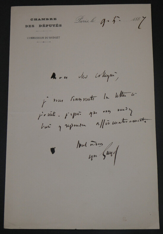 Yves GUYOT, Homme politique - LETTRE AUTOGRAPHE SIGN&Eacute;E 1887 PARIS. Yves GUYOT