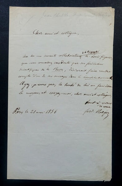 HOEFER Ferdinand - LETTRE AUTOGRAPHE SIGN&Eacute;E, A PROPOS DE Louis FIGUIER 1856. Ferdinand Hoefer