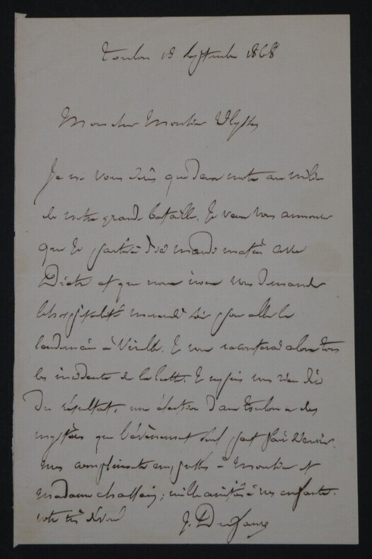 Jules DUFAURE, Ancien 1er ministre France- LETTRE AUTOGRAPHE SIGN&Eacute;E TOULON 1868. Jules DUFAURE