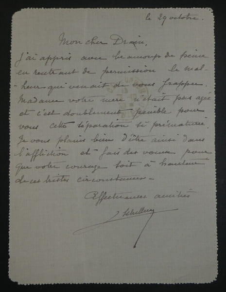 G&eacute;n&eacute;ral SCHILLEMANS - Lettre autographe sign&eacute;e au Caporal DRAIN 1917 Saint-Brieuc. G&eacute;n&eacute;ral SCHILLEMANS