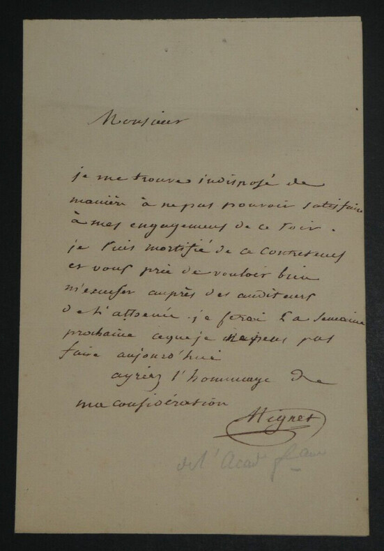 Fran&ccedil;ois-Auguste-Marie MIGNET - LETTRE AUTOGRAPHE SIGN&Eacute;E A Monsieur VOISELLE. Fran&ccedil;ois-Auguste-Marie MIGNET