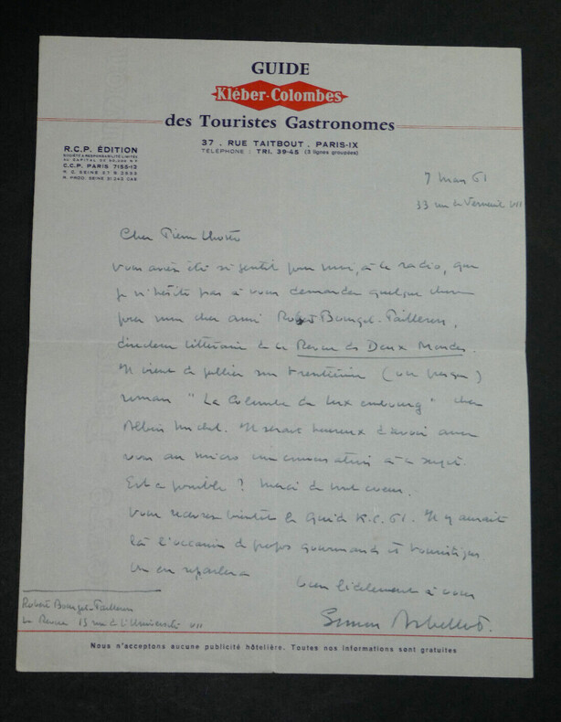 Simon ARBELLOT - LETTRE AUTOGRAPHE SIGN&Eacute;E &Agrave; LHOSTE - R. Bourget-Pailleron - 1961. Simon ARBELLOT