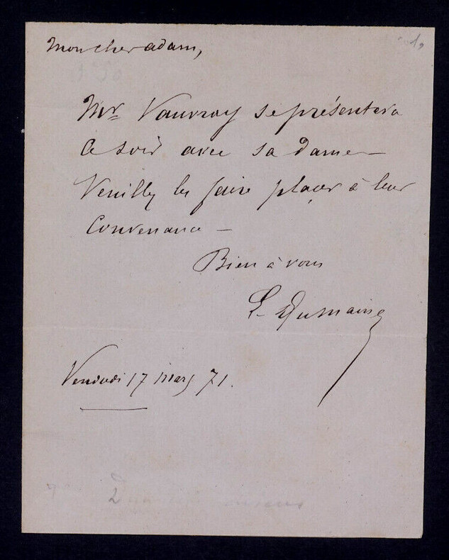 Louis Fran&ccedil;ois DUMAINE, Acteur - LETTRE AUTOGRAPHE SIGN&Eacute;E, 1871. Louis Fran&ccedil;ois DUMAINE