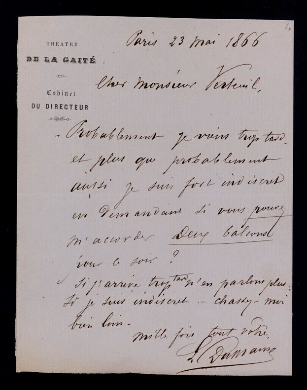 Louis Fran&ccedil;ois DUMAINE, Acteur - LETTRE AUTOGRAPHE SIGN&Eacute;E, 1866. Louis Fran&ccedil;ois DUMAINE