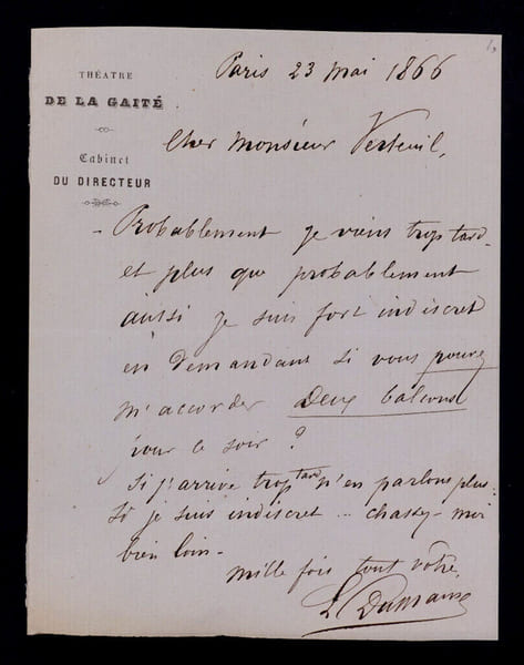 Louis Fran&ccedil;ois DUMAINE, Acteur - LETTRE AUTOGRAPHE SIGN&Eacute;E, 1866. Louis Fran&ccedil;ois DUMAINE