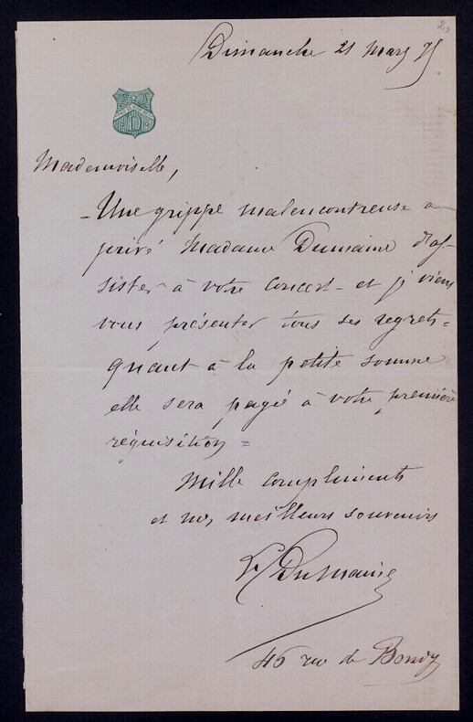 Louis Fran&ccedil;ois DUMAINE, Acteur - LETTRE AUTOGRAPHE SIGN&Eacute;E. Louis Fran&ccedil;ois DUMAINE