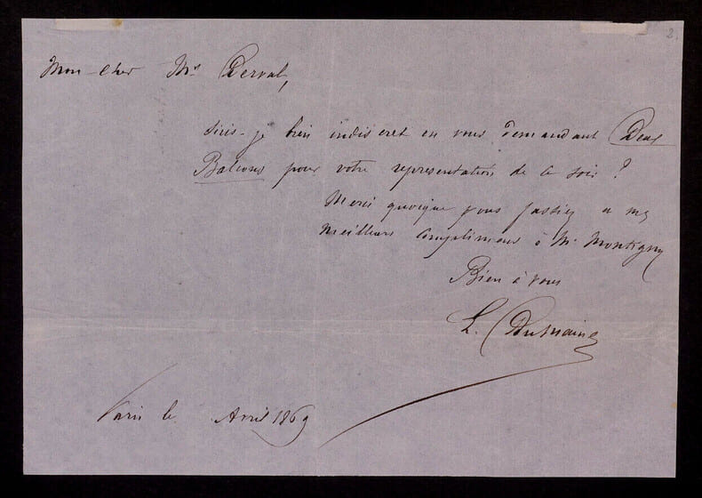 Louis Fran&ccedil;ois DUMAINE, Acteur - LETTRE AUTOGRAPHE SIGN&Eacute;E, Paris, 1869. Louis Fran&ccedil;ois DUMAINE