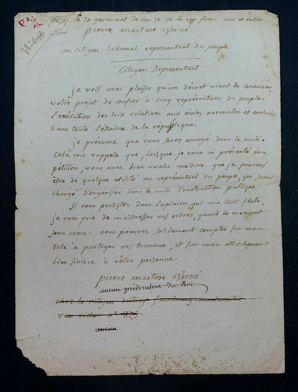 Pierre ANASTASE TORNE - Lettre autographe sign&eacute;e adress&eacute;e &agrave; un citoyen repr&eacute;sentant. Pierre Anastase Torn&eacute;