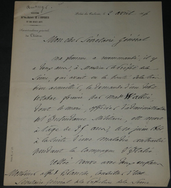 Camille DOUCET - LETTRE AUTOGRAPHE SIGN&Eacute;E au Secr&eacute;taire G&eacute;n&eacute;ral, 1866. Camille Doucet