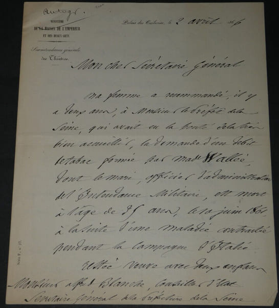 Camille DOUCET - LETTRE AUTOGRAPHE SIGN&Eacute;E au Secr&eacute;taire G&eacute;n&eacute;ral, 1866. Camille Doucet
