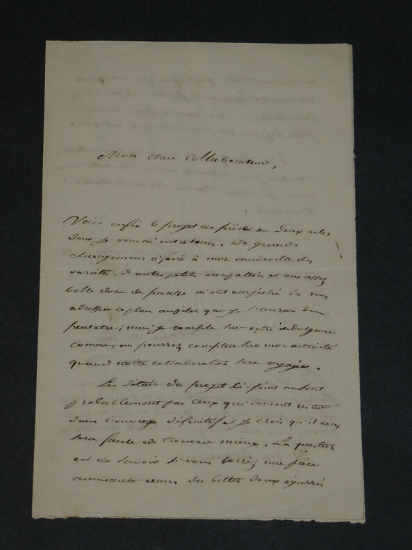 Ars&egrave;ne de CEY - Lettre autographe sign&eacute;e - Nouvelle pi&egrave;ce en deux actes - 2 pages. Ars&egrave;ne de CEY