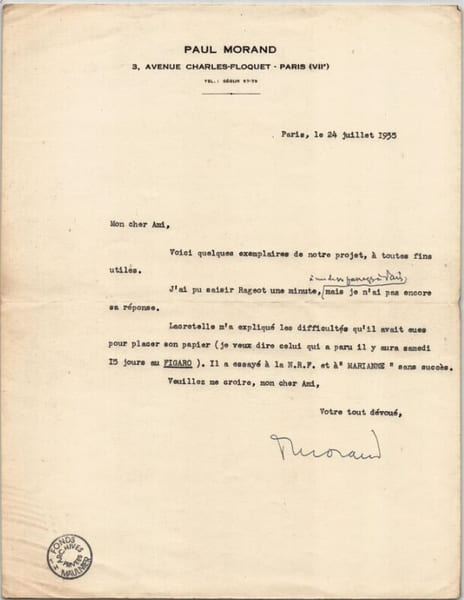 Paul Morand - Lettre dactylographi&eacute;e sign&eacute;e &agrave; Thierry Maulnier - 1935. Paul Morand