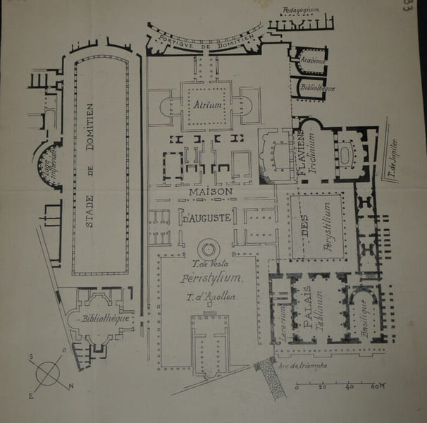 Plan fragmentaire du Palatin et reconstitution hypoth&eacute;tique de la maison d'Auguste par Deglane. Dessin original sign&eacute; des initiales de l'auteur, ...