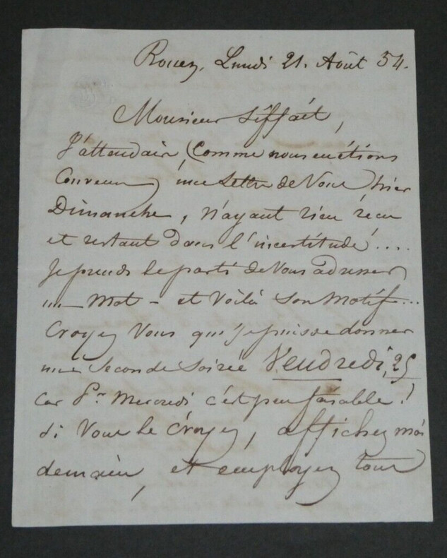Pierre LEVASSOR - LETTRE AUTOGRAPHE SIGN&Eacute;E, 1854. Pierre LEVASSOR