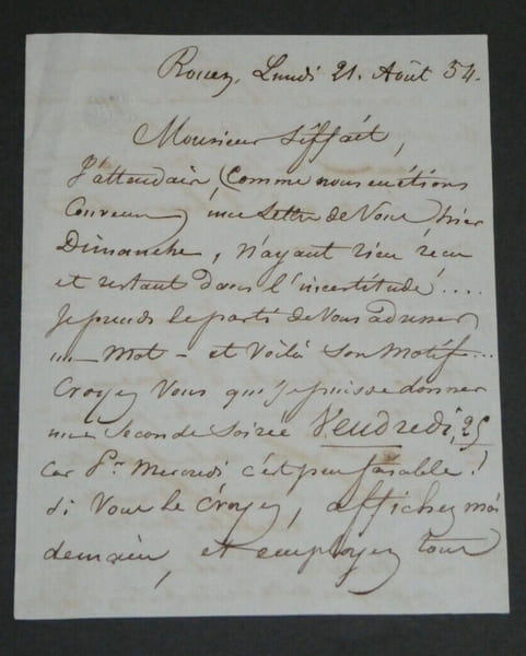 Pierre LEVASSOR - LETTRE AUTOGRAPHE SIGN&Eacute;E, 1854. Pierre LEVASSOR