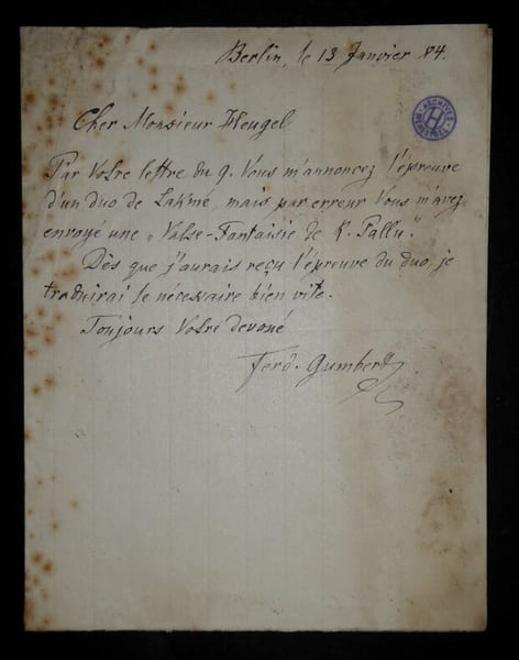GUMBERT Ferdinand - LETTRE AUTOGRAPHE SIGN&Eacute;E &Agrave; Henri HEUGEL, BERLIN 1884. Ferdinand Gumbert