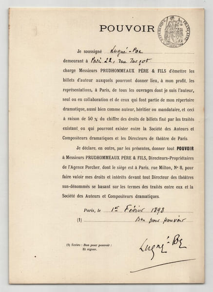 Pouvoir sign&eacute; par Lugn&eacute;-Poe – Collection de 50 auteurs & musiciens. Lugn&eacute;-Poe