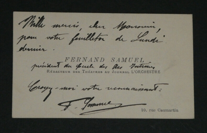 Fernand SAMUEL - Carte de visite autographe sign&eacute;e. Fernand SAMUEL