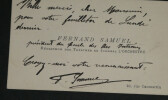 Fernand SAMUEL - Carte de visite autographe sign&eacute;e. Fernand SAMUEL