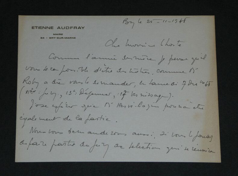 &Eacute;tienne AUDFRAY - CARTE AUTOGRAPHE SIGN&Eacute;E &Agrave; Pierre LHOSTE - Vernissage - 1968. &Eacute;tienne AUDFRAY