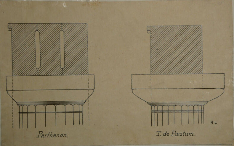 Aplomb de l'architrave sur le chapiteau dorique en diff&eacute;rents cas - Dessin original sign&eacute;. Louis Henri Laffill&eacute;e
