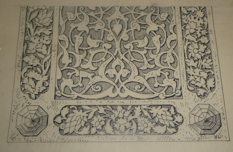 D&eacute;tail d'arabesque de la mosqu&eacute;e de Quadaln-el-Gyn, au Caire (XVe si&egrave;cle) - Dessin original sign&eacute;. Louis Henri Laffill&eacute;e