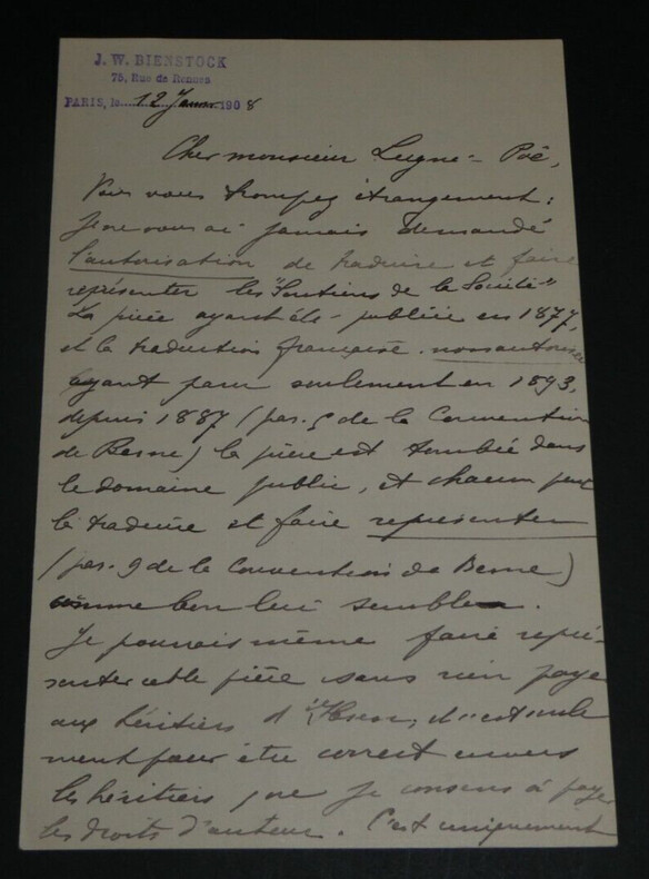 Jean Wladimir BIENSTOCK - LETTRE AUTOGRAPHE SIGN&Eacute;E &agrave; LUGNE-POE, 1908, 4 pages. BIENSTOCK Jean Wladimir