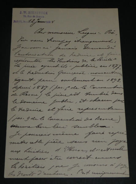 Jean Wladimir BIENSTOCK - LETTRE AUTOGRAPHE SIGN&Eacute;E &agrave; LUGNE-POE, 1908, 4 pages. BIENSTOCK Jean Wladimir