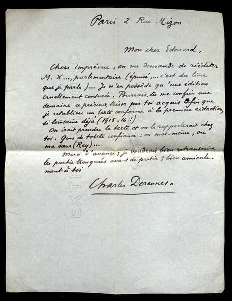 Charles DERENNES, &Eacute;crivain - LETTRE AUTOGRAPHE SIGN&Eacute;E. Charles DERENNES