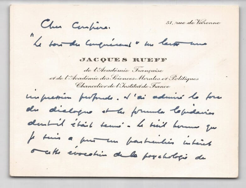 Jacques Rueff, Lettre autographe sign&eacute;e &agrave; Thierry Maulnier "Conqu&eacute;rant" 1970. Jacques Rueff
