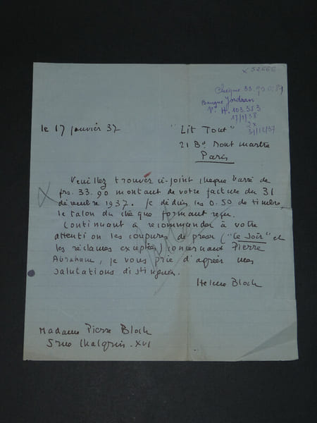 H&eacute;l&egrave;ne BLOCK - LETTRE AUTOGRAPHE SIGN&Eacute;E AU COURRIER DE LA PRESSE, Paris, 1937. H&eacute;l&egrave;ne BLOCK