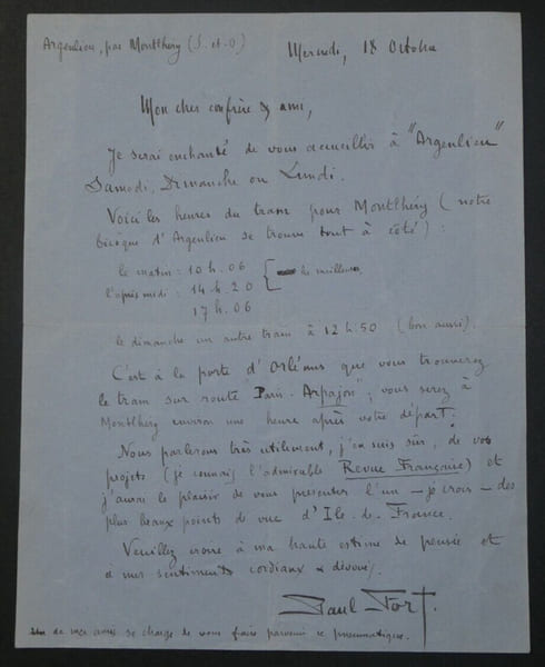 Paul FORT, Po&egrave;te - LETTRE AUTOGRAPHE SIGN&Eacute;E, Argenlieu. Paul FORT
