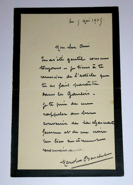BASCHET Marcel - LETTRE AUTOGRAPHE DE DEUIL SIGN&Eacute;E &Agrave; Louis ARTUS, 5 mai 1905. Marcel Baschet