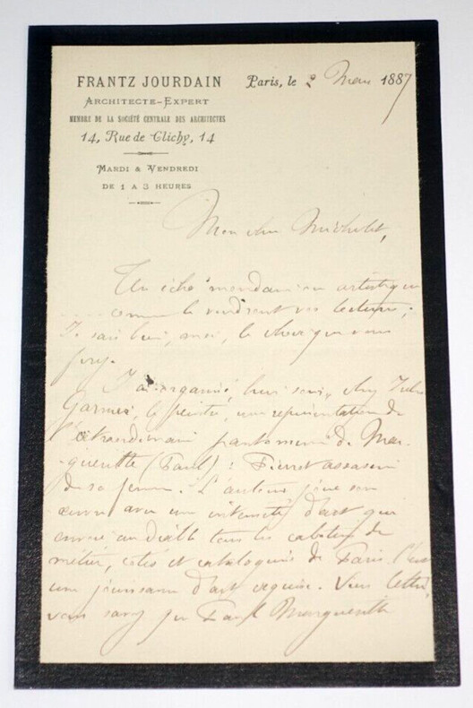 Frantz JOURDAIN - LETTRE AUTOGRAPHE SIGN&Eacute;E A MICHELET DE 3 PAGES, Paris, 1887. Frantz JOURDAIN