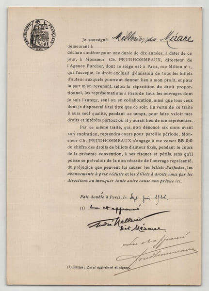 Pouvoir sign&eacute; Andr&eacute; Mellerio – Collection coh&eacute;rente de 50 auteurs & musiciens. Andr&eacute; Mellerio dit M&eacute;rane