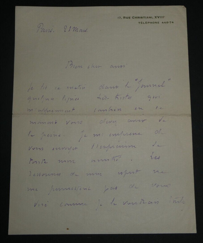 Arthur BERN&Egrave;DE, Romancier - LETTRE AUTOGRAPHE SIGN&Eacute;E DE SOUTIEN AMICAL, Paris. Arthur BERN&Egrave;DE
