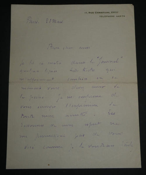 Arthur BERN&Egrave;DE, Romancier - LETTRE AUTOGRAPHE SIGN&Eacute;E DE SOUTIEN AMICAL, Paris. Arthur BERN&Egrave;DE