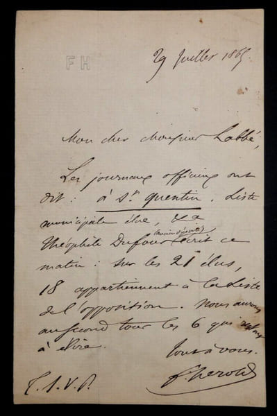 Ferdinand H&Eacute;ROLD, S&eacute;nateur - LETTRE AUTOGRAPHE SIGN&Eacute;E A Mr LABB&Eacute;, &Eacute;LECTIONS 1865. Ferdinand H&Eacute;ROLD