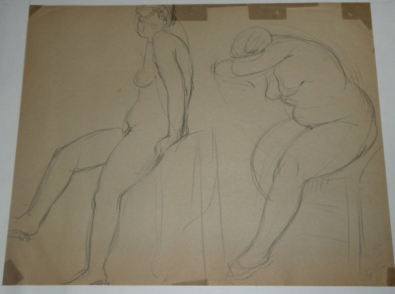 Georges CHESNEAU - NU ACAD&Eacute;MIQUE - Dessin au crayon - Deux femmes nu en pied - CURIOSA. Georges Chesneau