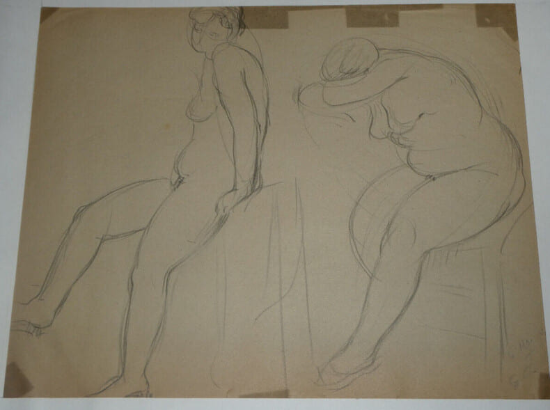 Georges CHESNEAU - NU ACAD&Eacute;MIQUE - Dessin au crayon - Deux femmes nu en pied - CURIOSA. Georges Chesneau