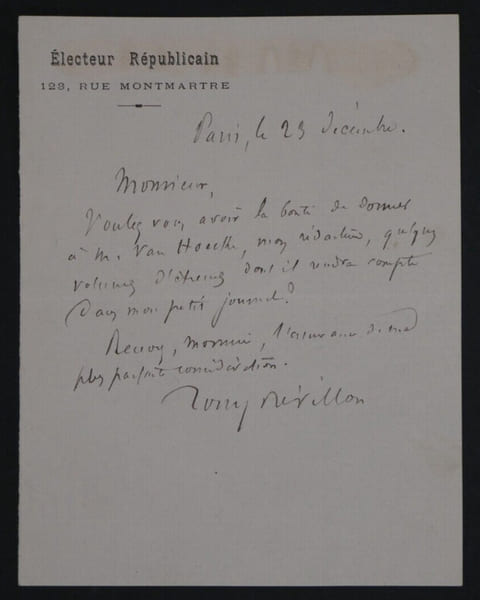 Tony R&Eacute;VILLON, Ecrivain et Homme politique - LETTRE AUTOGRAPHE SIGN&Eacute;E. Tony R&Eacute;VILLON