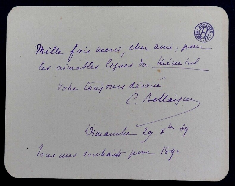 Camille BELLAIGUE, Critique musical - CARTE-LETTRE AUTOGRAPHE SIGN&Eacute;E. Camille BELLAIGUE