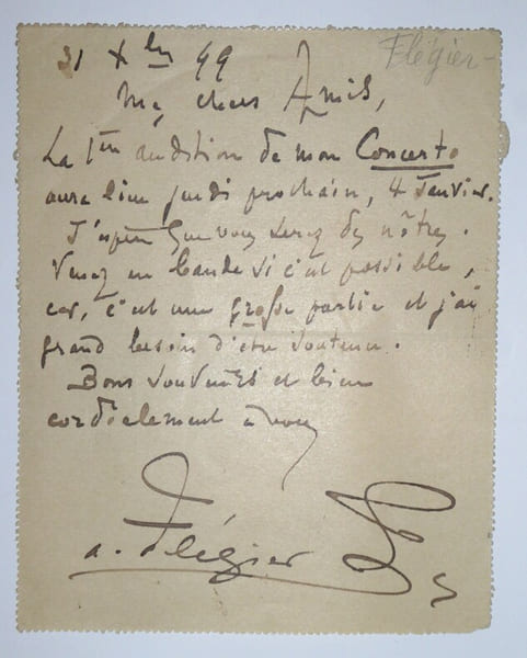 FLEGIER Ange - Carte lettre autographe sign&eacute;e et dat&eacute;e du 31 d&eacute;cembre 1899 - Concerto - Premi&egrave;re audition. Ange Fl&eacute;gier